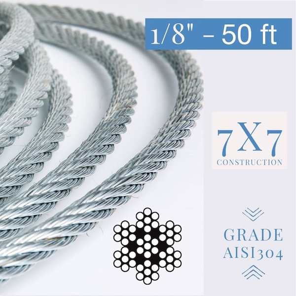 1/8 Stainless Steel Aircraft Wire Rope 304 Grade 7x7- 50 Ft